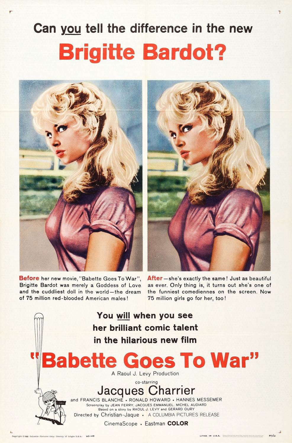 1959 French Movie Poster Red Babette S'en Va a Guerre